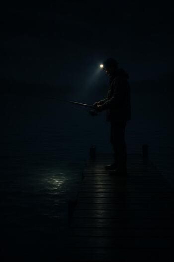 Рыбак на ночной пристани с включённым налобным фонарём