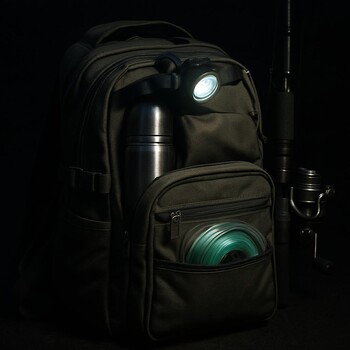 Рюкзак рыболова, собранный для ночной рыбалки