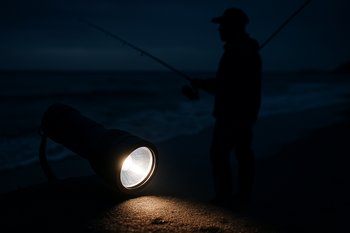 Прибытие на берег ночью с включённым фонарём у воды