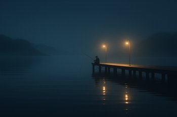 Ночной залив со светящимся пирсом и отражениями на воде