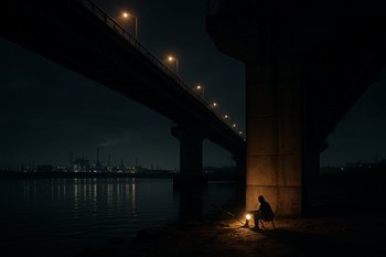 Ночной мост и освещённая точка ловли под опорой