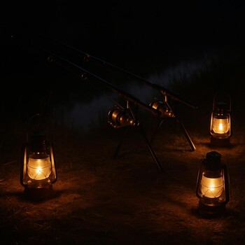 Лагерь рыболовов с несколькими фонарями и палаткой ночью