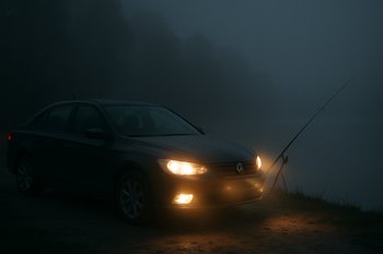 Автомобиль, припаркованный недалеко от водоёма перед ночной рыбалкой