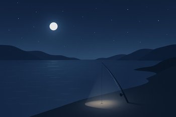 Ночной залив, подсвеченный мягким светом, с одной выбранной точкой ловли