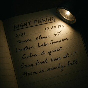 Блокнот с записями о ночной рыбалке и датами выездов
