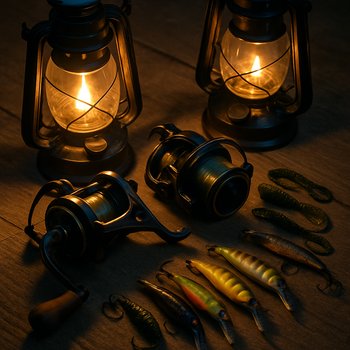 Снаряжение для ночной рыбалки разложено на полу перед выездом