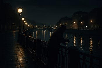 Городская набережная ночью с подсветкой и рыболовом на перилах