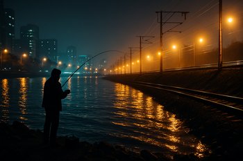 Ночная точка ловли рядом с городскими рельсами и огнями