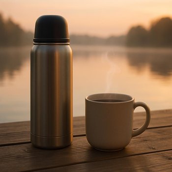 Термос с горячим напитком и кружка на столике у воды