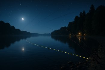 Ночной залив с отмеченной линией забросов вдоль свала