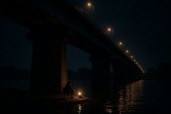 Ночной мост с выбранной точкой ловли под опорой