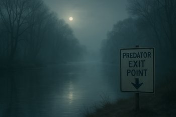 Тихая ночная речка с отмеченной точкой выхода хищника