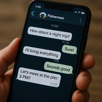 Чат рыболовов, обсуждающих ночной выезд в мессенджере