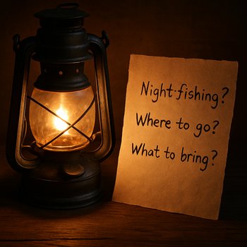 Фонарь на столе и записка с вопросами по ночной рыбалке