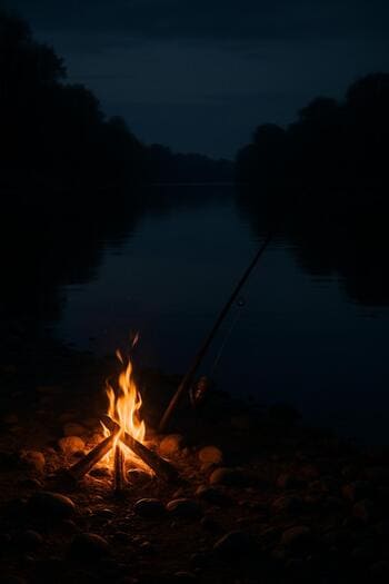 Небольшой костёр у берега, дающий мягкий свет без дыма