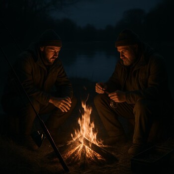 Группа рыболовов на берегу ночью с мягкой подсветкой
