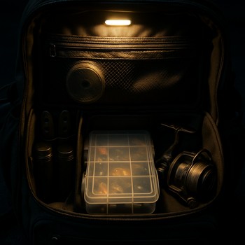 Вид внутри рюкзака с аккуратно разложенной оснасткой и фонарями