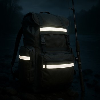 Рюкзак для ночной рыбалки стоит на берегу рядом с удилищем