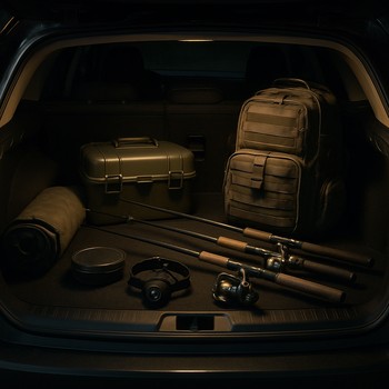 Аккуратно собранный багажник автомобиля перед ночной рыбалкой