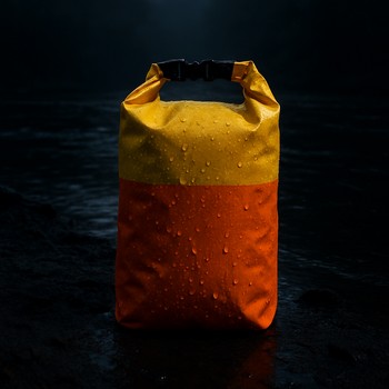 Гермомешок лежит на берегу рядом с рюкзаком