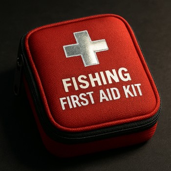 Небольшая аптечка для ночной рыбалки на столике у палатки