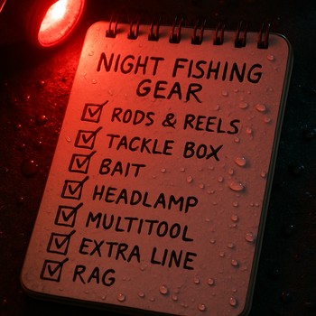 Блокнот с чек-листом ночной рыбалки и карандаш рядом с фонарём