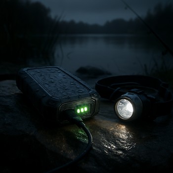 Павербанк и телефон на столике у палатки ночью