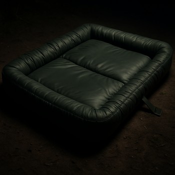 Мягкий коврик и ящик, стоящие на гальке у воды