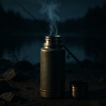 Термос с горячим напитком на столике у воды в ночи