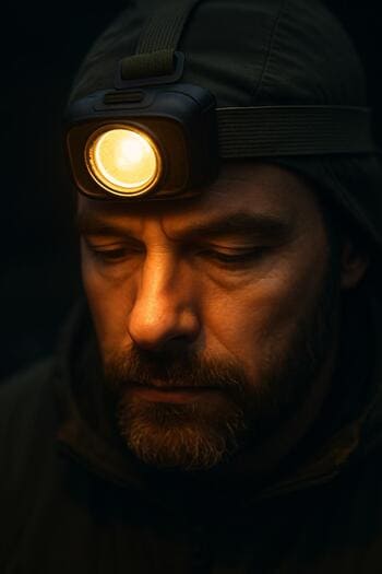 Налобный фонарь рыболова крупным планом на фоне темноты