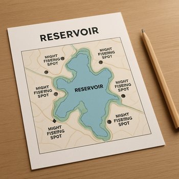 Распечатанная карта водоёма с отмеченными ночными точками ловли