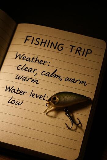 Блокнот с заметками о рыбалке и приманка на столике