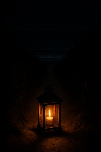 Узкая тропа к воде, освещённая фонарём в полной темноте