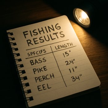Стол с блокнотом, где записывают итоги ночной рыбалки