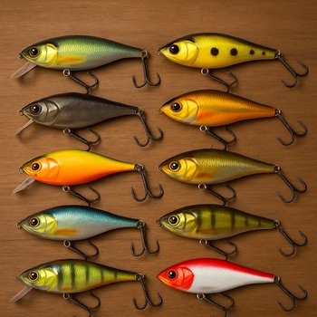 Отсортированные приманки после ночной рыбалки на столе