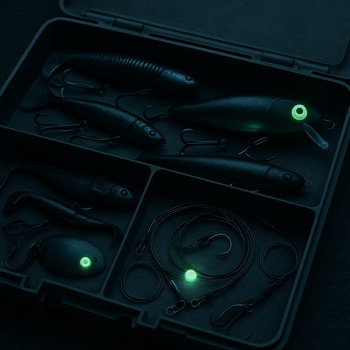 Коробка с ночными приманками для хищной рыбы и флюоресцентными деталями