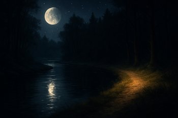 Излучина тихой реки ночью с подсвеченным берегом