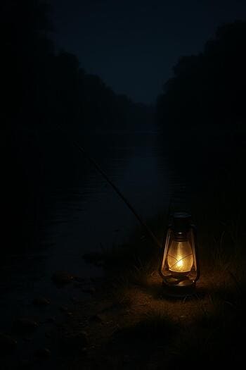 Тихая ночная река с мягким светом фонаря на берегу