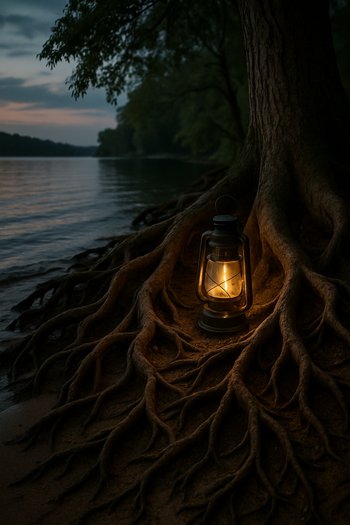 Берег с корнями деревьев и мягким светом фонаря
