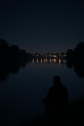 Тихая ночная река без волн и с отражением огней вдали