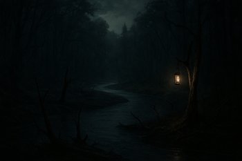 Тёмная речная излучина с корягами и слабым светом фонаря