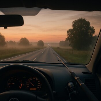 Дорога домой на машине на фоне первых отблесков рассвета