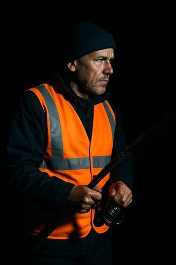 Светоотражающий жилет рыболова в свете фонаря