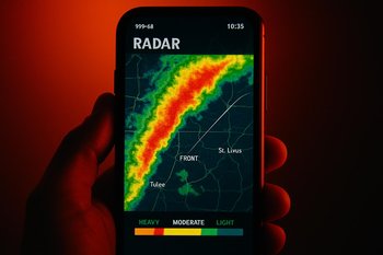 Экран телефона с погодным радаром и приближающимся фронтом
