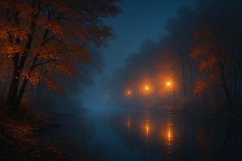 Осенняя ночь на реке с туманом и яркими огнями вдали