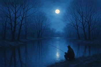 Весенняя ночная рыбалка с ещё голыми деревьями у берега