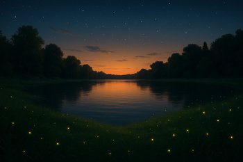 Летняя ночь на водоёме с мягким тёплым светом и гладкой водой