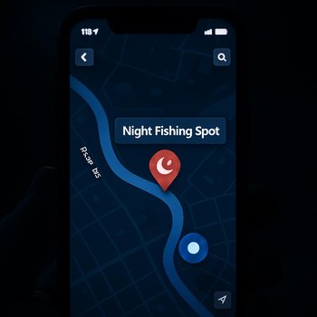 Смартфон с картой и отмеченной точкой ночной рыбалки