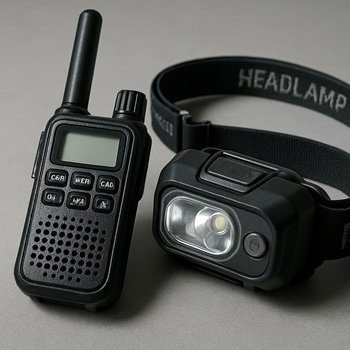 Небольшая рация и налобный фонарь на столе перед выездом