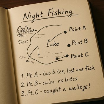 Блокнот с личным сценарием ночной рыбалки и отмеченными точками